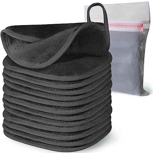 Makeup Remover Cloth, 6" x 6" Makeup Remover Towels Reusable Face Cloth for Washing Face, Makeup Remover Pads Microfiber Face Washcloth with Mesh Bag, 12 Pack, Grey