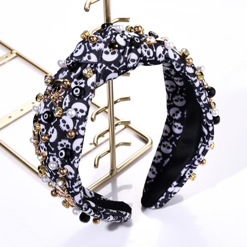 Halloween Headbands Rhinestone Knotted Headband for Women Crystal Spider Candy Corn Jeweled Embellished Wide Top Knot Hairband Halloween Cosplay Party Hair Accessories (Skull charm Print Knot)