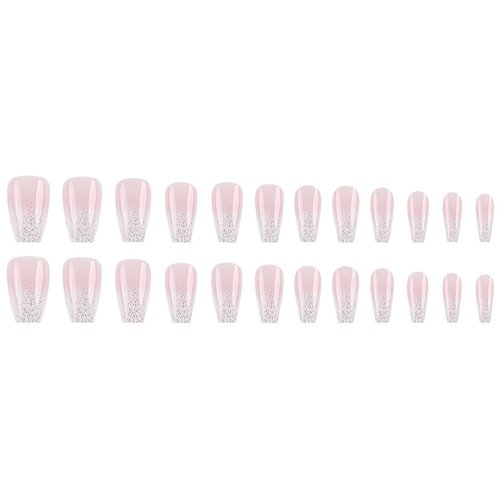 24pcs French Tip Press on Nails Short Square Pink Fake Nails with Glitter Design Glue on Nails Gradient False Nails Supplies Full Cover Glossy Acrylic Nails for Women Girl