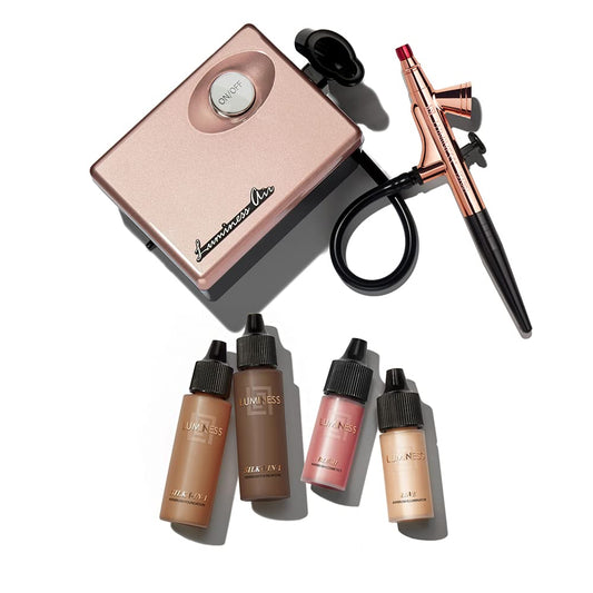 LUMINESS Legend Makeup Airbrush System & 4-Piece Foundation Starter Kit, Shade Rich - Quick, Easy & Long Lasting Application – Includes (2) Silk 4-In-1 Foundation, Highlighter & Blush