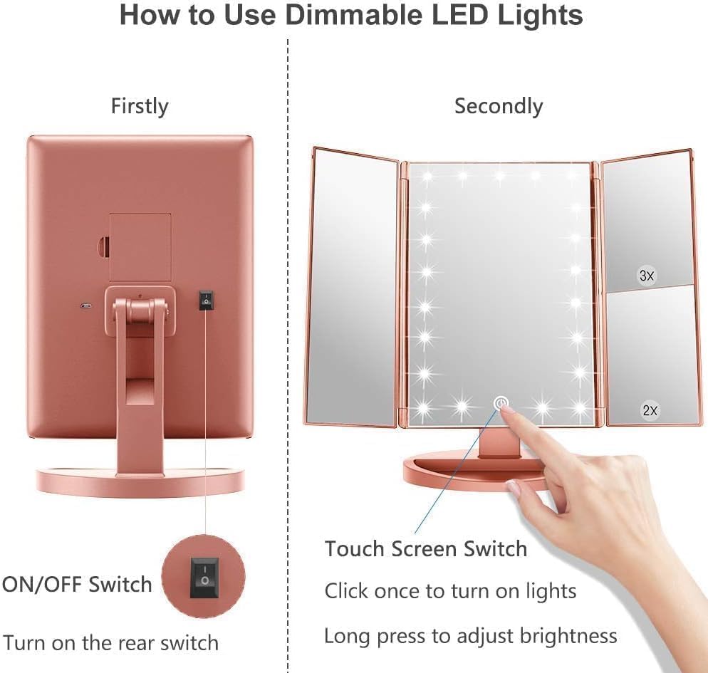 WEILY Makeup Mirror with 21 LED Lights,Two Power Supply Modes, Adjustable Touch Screen and 1x/2x/3x Magnification Tri-Fold Vanity Mirror,Chargeable Travel Cosmetic Mirror for Desktop(Rose Pink)