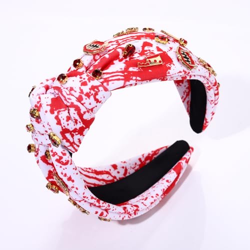 Crystal Velvet Headband Cross Knotted Turban Headdress Colorful rhinestone Statement Wide Hair Band Hoop Accessories For Women Girls (Red Blood Halloween)