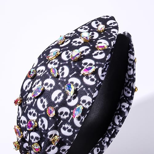 Halloween Crystal Knotted Headband for Women Rhinestone Jeweled Embellished Skull Print Wide Top Knot Hairband Halloween Costume Party Hair Accessory