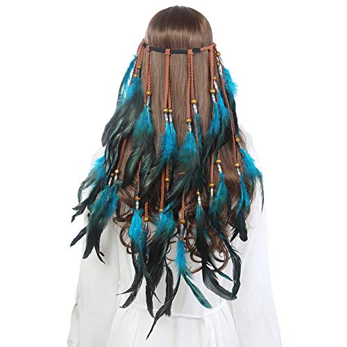 AWAYTR Boho Headdress Feather Headband Accessories Feather Elastic Gypsy Festival Headband Indian Fancy Headpieces 1970s (Blue)