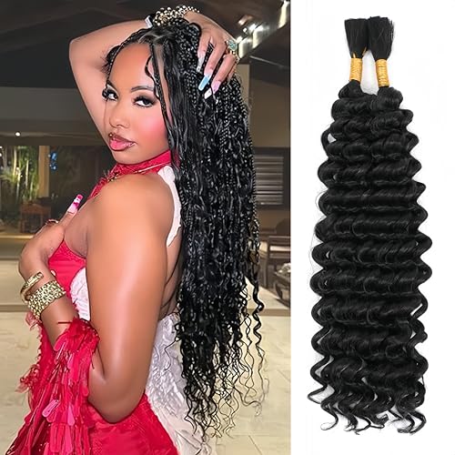 Human Braiding Hair Mix Synthetic Boho Hair for Braiding, 20 Inch Deep Wave Bulk for Boho Braids 2 Pcs Curly Bohemian Wet and Wavy Braiding Hair (1B, 18 Inch)