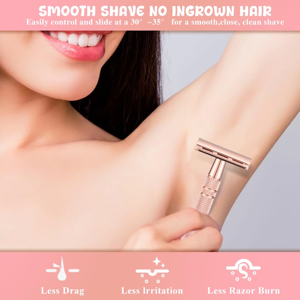 Safety Razor for Women, Double Edge Safety Razor Blades, Reusable Smooth Shave, Painless Hair Removal, Metal Shave Women for Leg Arm Underarm Bikini (Silver)