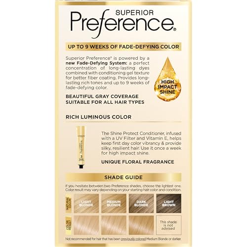 L'Oreal Paris Superior Preference Luminous Fade-Defying Permanent Hair Color, Hair Dye For Up to 9 Weeks of Radiance, Light Golden Blonde 9G, 1 Hair Dye Kit