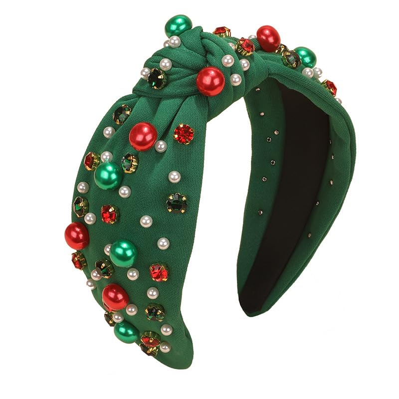 vowyore Christmas Pearl Knotted Headband for Women Red Green Pearl Rhinestone Crystal Jeweled Hairband Fashion Elegant Ladies Wide Knot Head Band Headpieces Hair Accessories