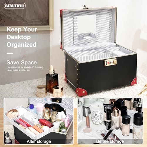 urecity Portable Retro Leather Makeup Train Case Cosmetic Organizer Case Leather Storage Box with Combination Lock (12.5", Red Crocodile)