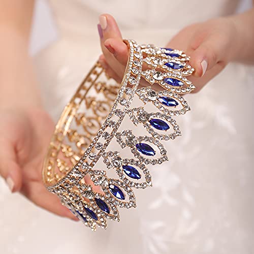 Wekicici Crystal Queen Crowns Wedding Blue Tiaras Full Round Pageant Crown Headband Hair Accessories for Birthday Pageant Prom Bridal Party Halloween Costume for Women(Blue) weki-3-crown-3-blue