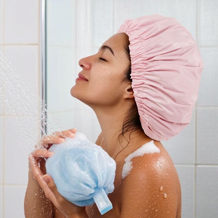 Skiennix Reusable Shower Cap - Large Waterproof Bath Hair Hat for Long Hair & Braids | Pink