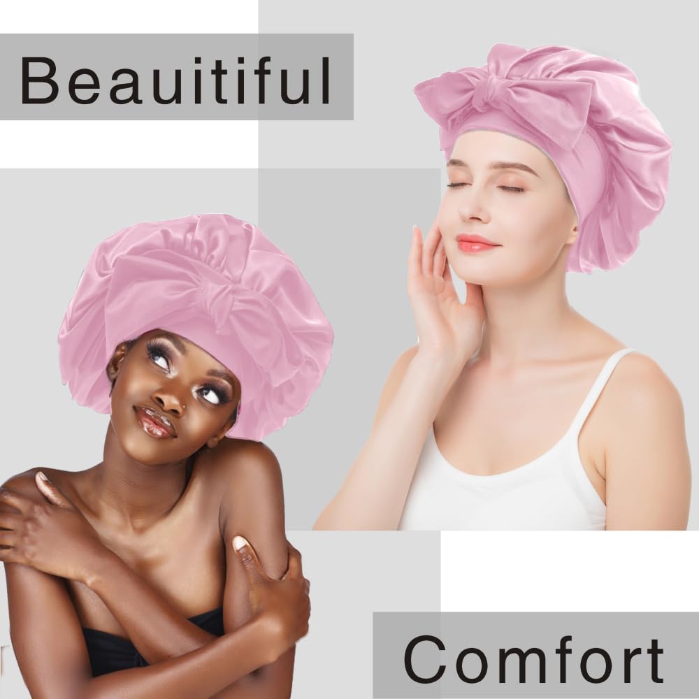 Skiennix Silk Bonnet - Adjustable Hair Bonnet for Curly Hair | Large Pink Shower Cap