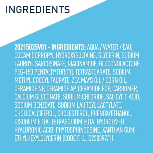 CeraVe Renewing Salicylic Acid Cleanser, Formulated With Hyaluronic Acid, Niacinamide, & Ceramides, Gentle BHA Exfoliating Face Wash Smooths & Softens Skin, Non Comedogenic & Fragrance Free, 8 Ounce