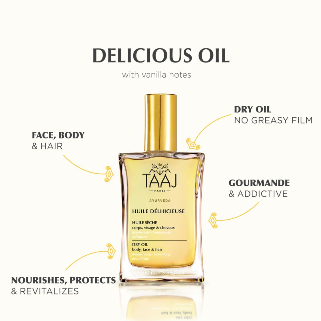 TAAJ Délhicieuse Dry Beauty Oil - Nourishing Face, Body & Hair Oil | Silky Skin & Revitalized Hair | 96% Natural | 1.7 fl oz