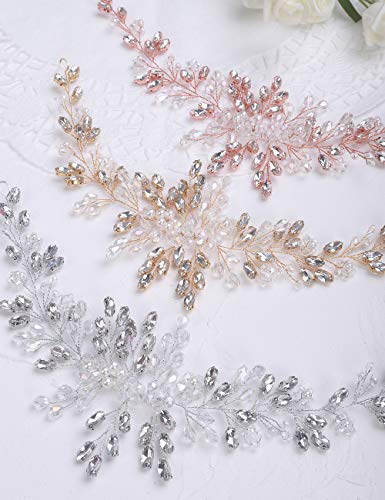 fxmimior Boho Crystal Rhinestones Floral Silver and Gold Headband Wedding Hair Vine Silver Rhinestone Headpiece Bridal Headbands for Women（headband with 5 hair pins） (Gold)