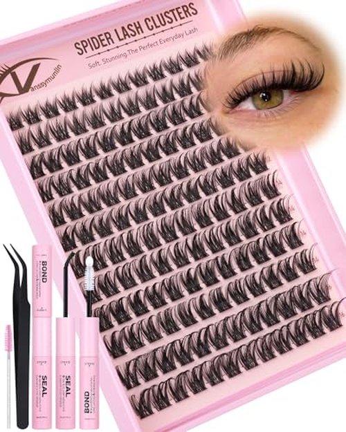 Natural Brown Lash Clusters Kit Wispy Eyelashes Clusters Kit C Curl Cluster Eyelash Extensions 10-16mm Cluster Lashes DIY Eyelash Clusters Waterproof Individual Lashes Extension Kit with Brush