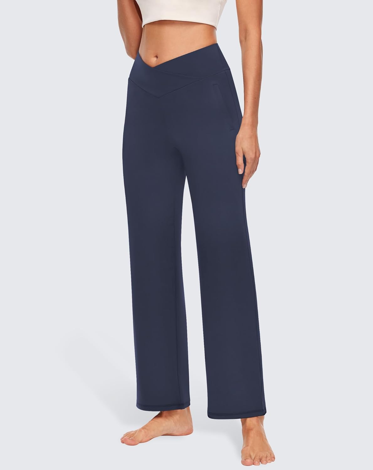 SEMARO Women's Wide Leg Dress Pants - Crossover High Waist Stretch Trousers with Zipper Pocket | Navy