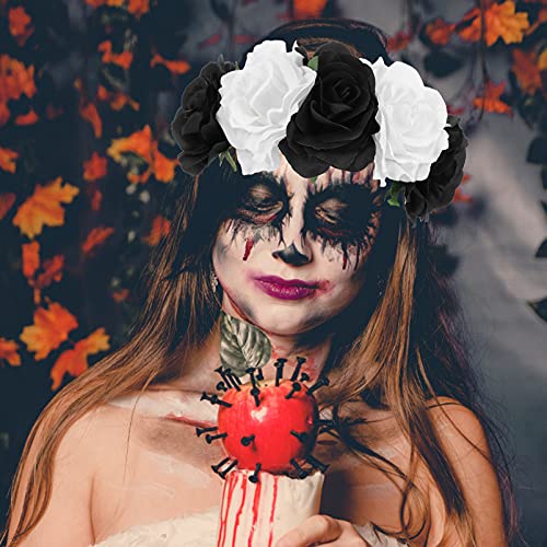 Lurrose Halloween Flower Headband Day of The Dead Flower Hair Band Rose Flower Crown Floral Headpiece for Halloween Wedding Party, Black White