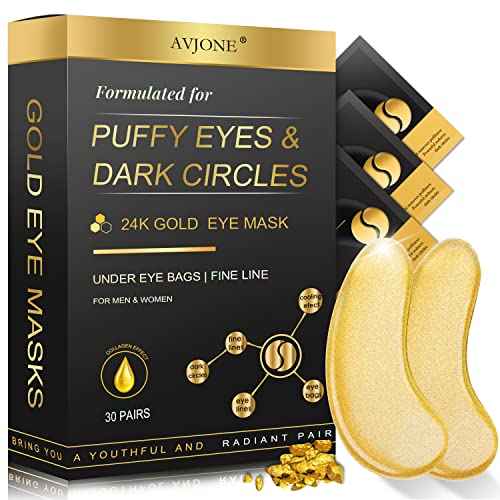 AVJONE 24K Gold Under Eye Patches (30 Pairs), Collagen eye masks for dark circles and puffiness, eye patches for women puffy eyes, Revitalises and Refreshes Your Skin