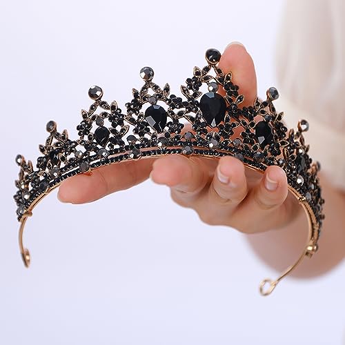 BERYUAN Black Crystal Rhinestone Wedding Headband Flower Crystal Vintage Headpiece Baroque Queen Halloween Headdress Gothic Black Rhinestone Wedding Hairpiece for Girls (black)