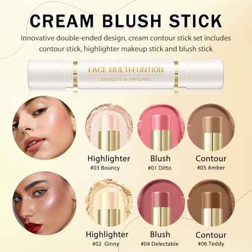 6 Colors Cream Contour Stick Makeup Kit, Double-ended Cream Highlighter Stick Bronzer and Blush Stick for Sculpt the Cheeks, Matte & Dewy Finish, Face Contour Kit for Beginners, Set A