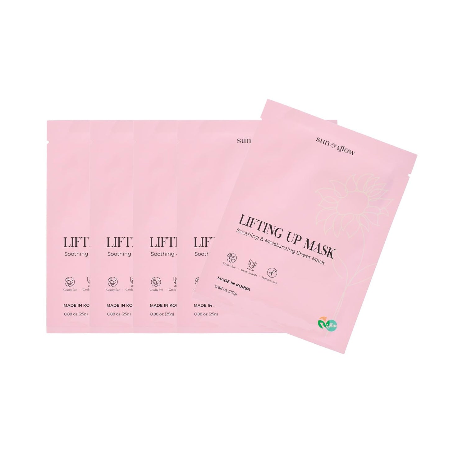 Sun & Glow Vegan Lifting Up Mask - Herbal Ingredients for Soothing & Moisturizing Sensitive Skin | 0.88oz (5 Packs)