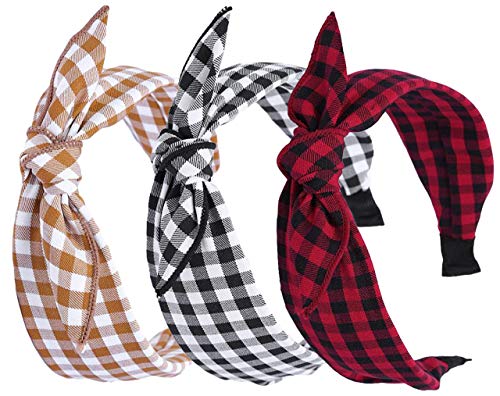 Qiabao Womens Vintage Plaid Headbands Headwraps Hair Band with Bow Pack of 3