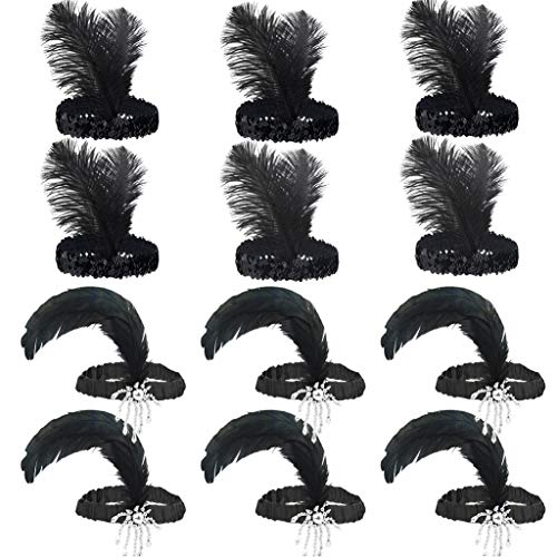 Tongcloud 12pcs 1920s Flapper Headband, Costume Flapper Headpiece for Women, Black Feather Headband, Great Gatsby 1920s Hair Accessory, Vintage Headpiece for Gatsby Theme Party (Black)