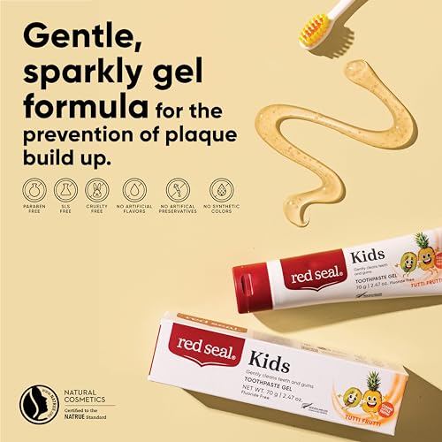 Red Seal Kids Toothpaste - Tutti Frutti Flavor, Fluoride Free, No Synthetic Colors, Paraben & SLS-Free, Vegan, Cruelty-Free, NATRUE Certified - Ideal for Parents Seeking Natural Oral Care, 2.47oz