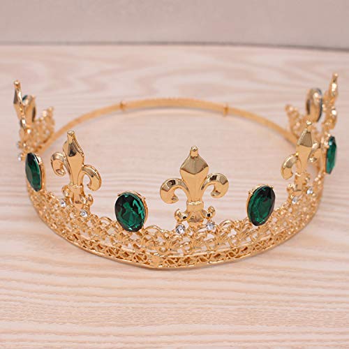 Crown Crystal Rhinestone Tiaras Bridal Headdress King Wedding Hair Accessory For Birthday Party Show Prom Photography (Gold Green)