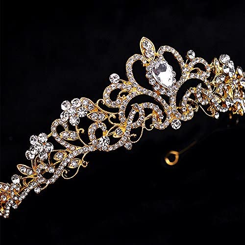 Quinceanera Princess Crown for Adult Rhinestone Tiara Birthday Bridal Pageant (Gold)