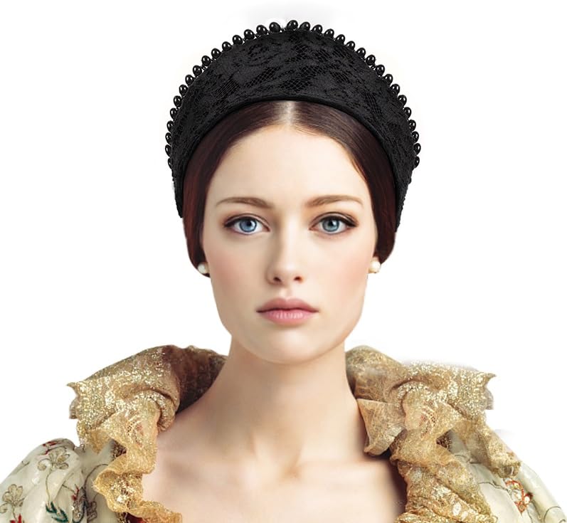 C-ZOFEK Anne Headband Velvet Pearl Tudor French Hood Gothic Renaissance Hair Accessory (Dark)