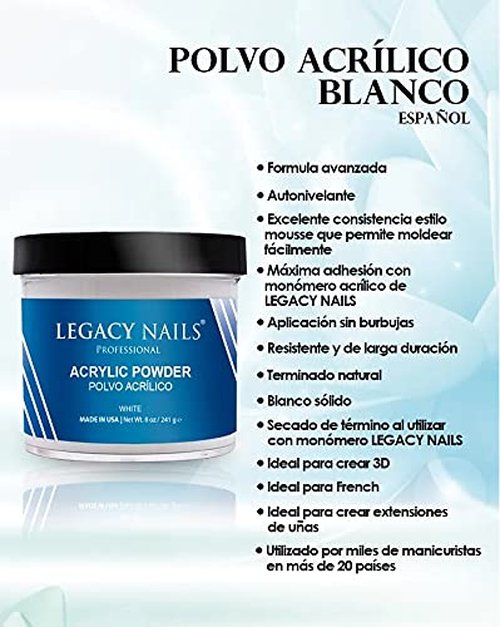 Legacy Nails White Acrylic Powder - 4oz | High-Quality, Fast-Drying Formula for Salon-Grade Nail Extensions