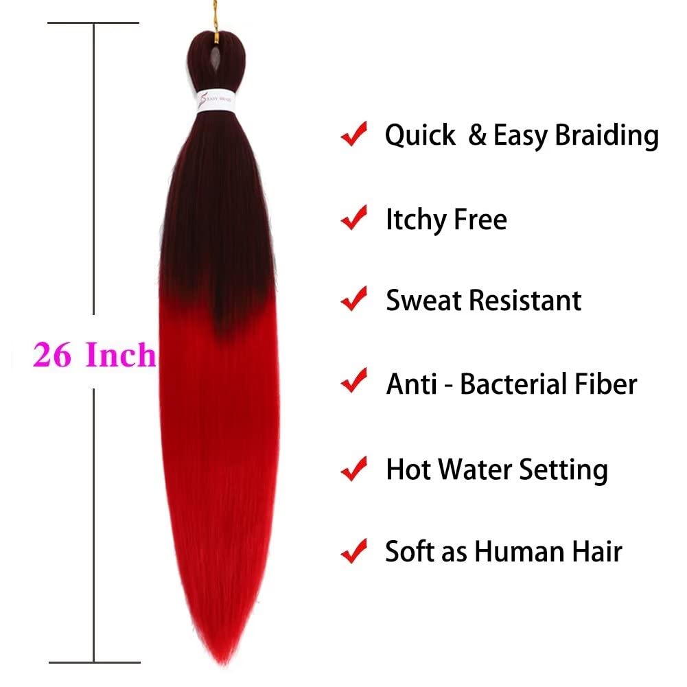 Ombre Red Braiding Hair Pre Stretched Black to Red EZ Braiding Hair 6 Packs/Lot 26 Inches Yaki Texture Braiding Hair Hot Water Setting Synthetic Fiber for Crochet Hair Extensions (Ombre Red)