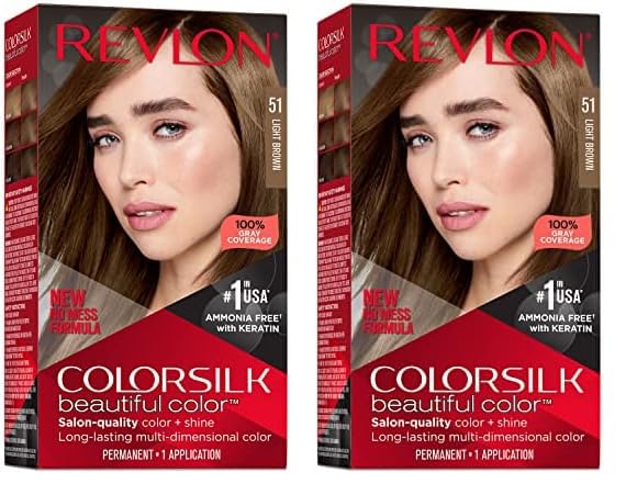 Revlon Colorsilk Beautiful Color Permanent Hair Color, Long-Lasting High-Definition Color, Shine & Silky Softness with 100% Gray Coverage, Ammonia Free, 051 Light Brown, 2 Pack