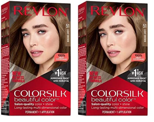 Revlon Colorsilk Beautiful Color Permanent Hair Color, Long-Lasting High-Definition Color, Shine & Silky Softness with 100% Gray Coverage, Ammonia Free, 051 Light Brown, 2 Pack