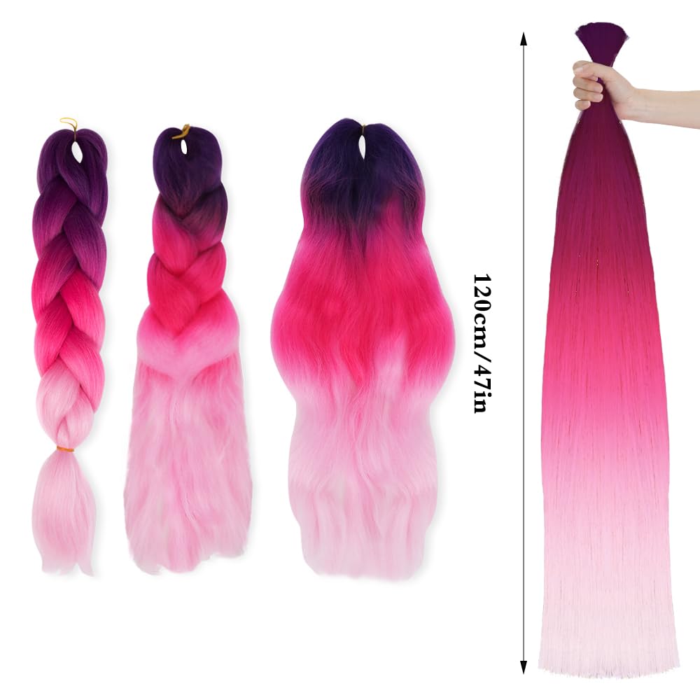 HMIEPRS 6 Pack Braiding Hair Extensions 24 Inch, Colored Pre Stretched High Temperature Synthetic Ombre Braids Hair Yaki Texture for Women Girls (Purple-Pink-Light pink)