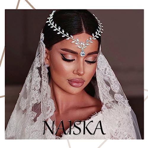 NAISKA Gold Crystal Head Chain Wedding Teardrop Headpiece Bridal Headband Forehead Hair Chain Rhinestone Headpieces Jewelry Prom Costume Hair Accessories for Women and Girls