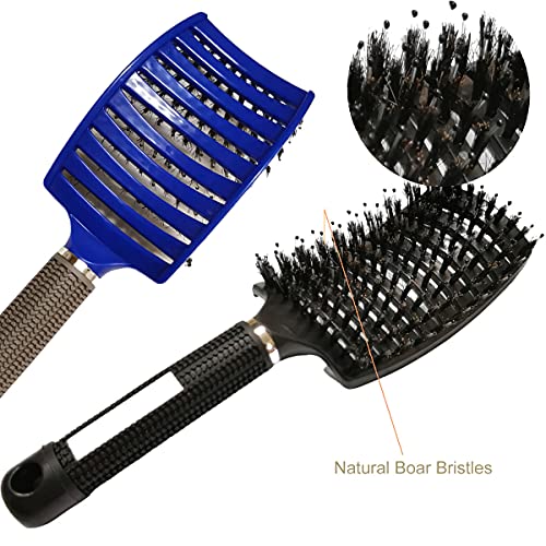 Boar Bristle Hair Brush 2 Pack, Detangling Brush, Vented Curved Hair Brush for Thick Curly Fine Wet Dry Long Hair, MYMOOSH Fast Dry No Tangle Hair Brush, Boar Bristle Brush for Women Men Kids (blue)