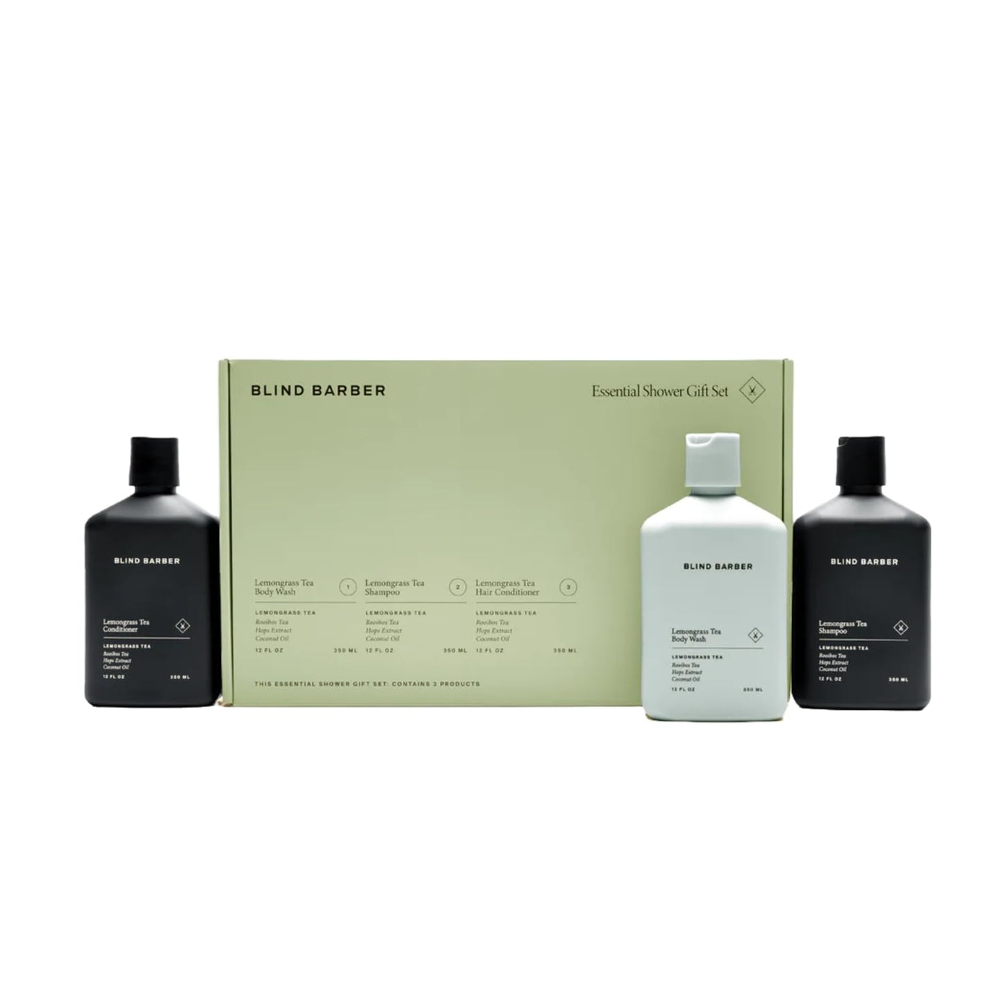 Blind Barber Shower Essentials Gift Set - Men's Body Wash, Shampoo & Conditioner - Lemongrass Tea Soap (3 Count)