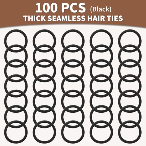Mia Klein Hair Ties Black 100Count Extra Thick 5CM, Bulk Elastic Hair Bands for Thick Heavy Hair, Seamless Hair Accessories for Girls Women, Ponytail Holder (Black)