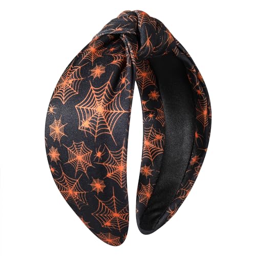 ZITULRY Halloween Knotted Headbands for Women Spider Web Printed Wide Top Knot Hairband Party Decoration