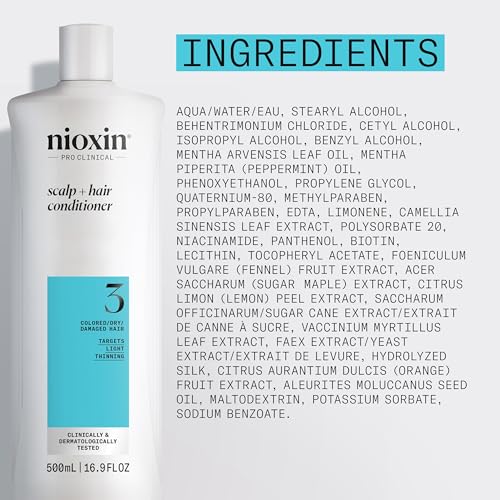 Nioxin System 3 Scalp + Hair Thickening Conditioner | For Colored, Dry, & Damaged Hair with Light Thinning | Maintain Vibrant Color | Strengthen & Nourish with Niacinamide & Biotin | 16.9 Fl Oz