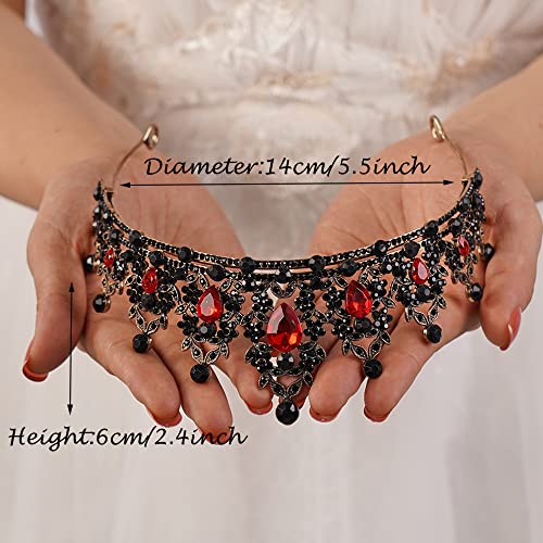 JWICOS Tiaras and Crowns for Women Gothic Crystal Queen Crown Black Baroque Vintage Tiara for Halloween Costume Birthday Party (Red Black)