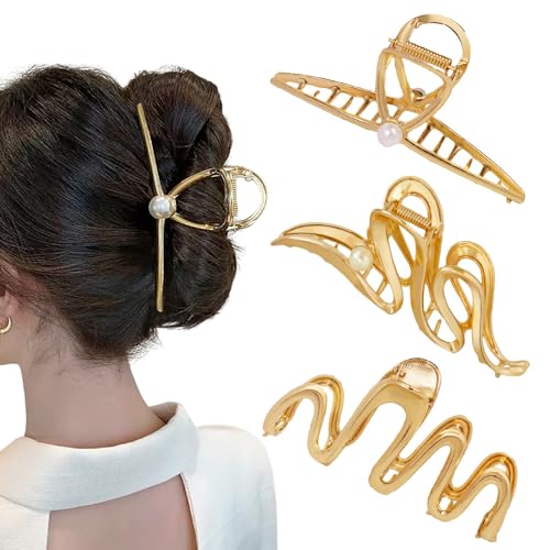 3 PCS Gold Metal Hair Claw Clips for Thick Long Hair, 4.3" Wave Cross Geometric Shape Non-slip Giant Crab Catch Barrettes Hairgrip, Trendy Elegant Women's Hair Accessories Headwear Gift