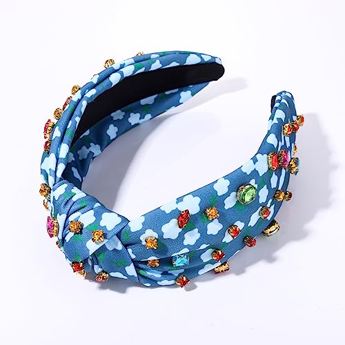 Crystal Knotted Headband for Women Colorful Rhinestone Jeweled Embellished Flower Printed Wide Top Knot Hairband Vibrant Floral Pattern Turban Hair Hoop Funny Gift for Ladies Girls Sister