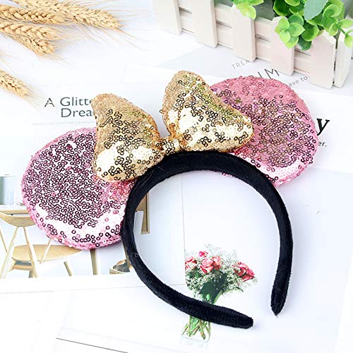 A Miaow 3D Black Mouse Sequin Ears Headband MM Glitter Butterfly Hair Clasp Park Supply Adults Women Photo Accessory (Pink and Golden)