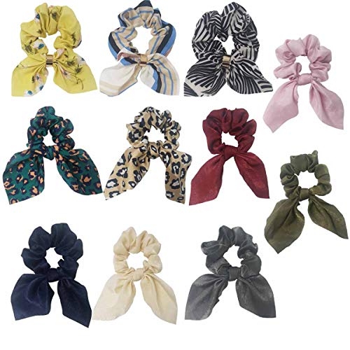 QiKoKo 11Pcs Hair Scrunchies Bowknot Satin Chiffon Elastics Ribbon Ear Bow Solid and Flower Colors Scrunchy Scarf Scrunchie Vintage Ponytail Holder Ties Bands Accessories for Women Girls (short11p_01)