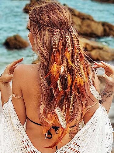 GENBREE Boho Feather Headband Gypsy Headpiece Bohemian Hippie Headbands Indian Hair Band Long Feather Hair Accessories for Women (Pattern 1)