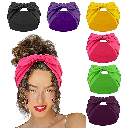 Huachi 6 Packs Bow Headbands for Women 7’’ Extra Wide Bright Pink Head Bands for Women’s Hair Non Slip Headwraps Workout Turban Hair Accessories